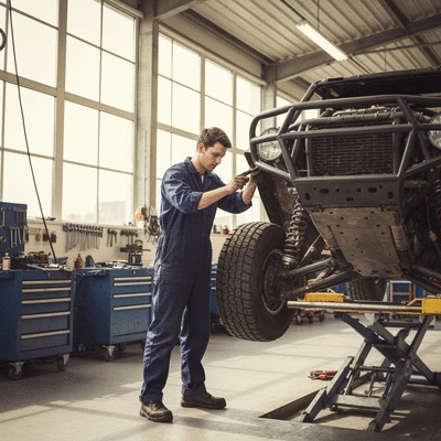 Mechanic working on off-road vehicle in a clean workshop, surrounded by specialized tools