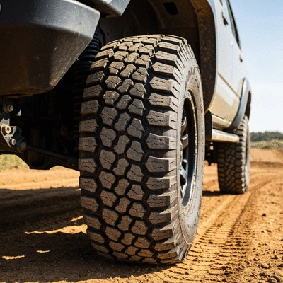 Close-up of a rugged off-road tire on a 4WD vehicle, parked on a dirt track, highlighting the aggressive tread pattern, bright natural light, no text, no words, no typography, 8K