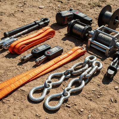 Assortment of off-road recovery gear laid out on a dusty ground, including snatch straps, soft shackles, and winch accessories, under natural light, no text, no words, no typography, clean image