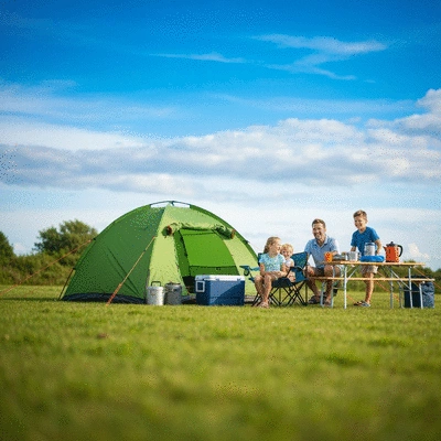 Clean 4WD campsite with properly secured tent, organized gear, and happy campers, no text, no words, no typography, clean image