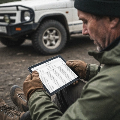 Person analyzing cost breakdown on a tablet for off-road vehicle upgrades, with a rugged vehicle in the background