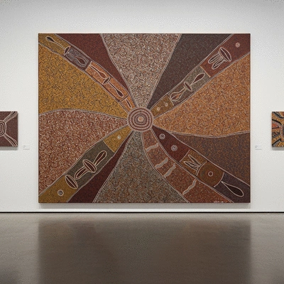Indigenous Australian artwork displayed in a gallery setting