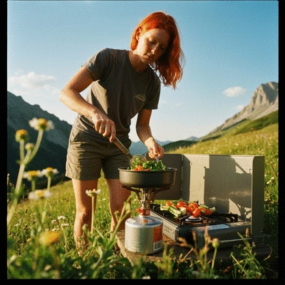 Person cooking a meal over a portable stove in a rustic outdoor setting