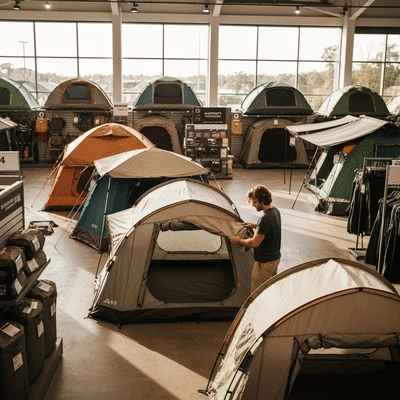 Person selecting 4x4 camping gear in a retail store