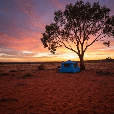 Compact off-road camping swag set up in the Australian outback at sunset