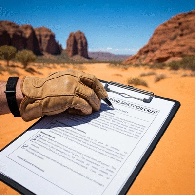 Close-up of a hand checking off items on a comprehensive off-road safety checklist on a clipboard, with a blurred background of a 4x4 vehicle in a scenic Australian landscape, no text, no words, no typography, clean image