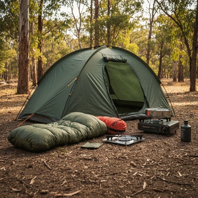 High-quality camping gear laid out for a 4WD adventure, including a durable tent, sleeping bag, and portable stove, in a rustic outdoor setting, no text, no words, no typography, 8K, clean image