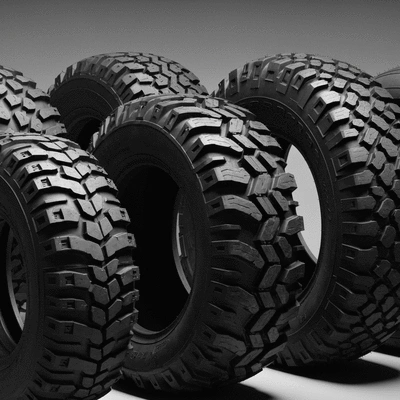 Close-up of various off-road tires