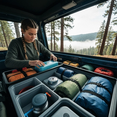 Person organizing lightweight and versatile camping gear inside a 4WD vehicle, emphasizing space-saving and efficiency, in a natural outdoor setting, no text, no words, no typography, 8K, clean image